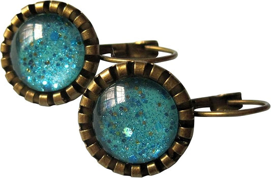 Summerfield Collection Antiqued Gold-tone Seafoam Green and Blue Glitter Glass Drop Earrings Leverback Hand-painted