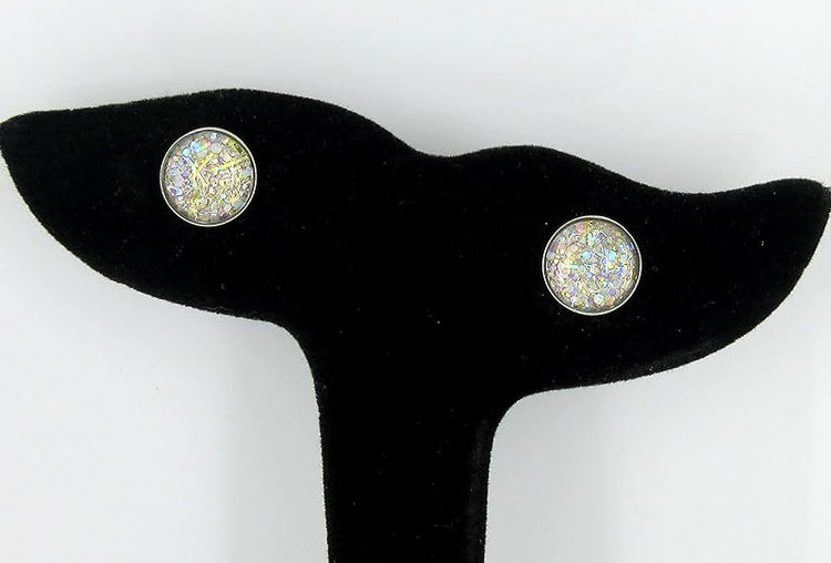 Summerfield Collection Stainless Steel Metallic Silver and Gold Glitter Glass Stud Earrings Hand-painted 10mm