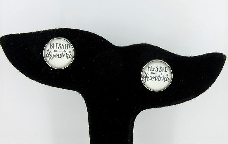 Summerfield Collection Stainless Steel Blessed Grandma Print Glass Stud Earrings 12mm