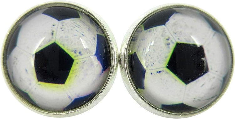 Summerfield Collection Silver-tone Soccer Ball Print Glass Stud Earrings 12mm