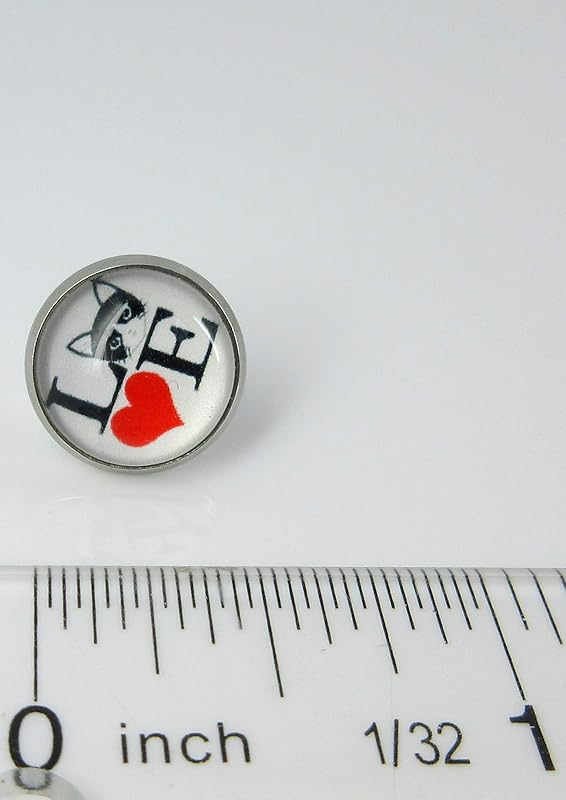 Summerfield Collection Stainless Steel Cat Lover Printed Glass Stud Earrings 12mm (LOVE Cats)