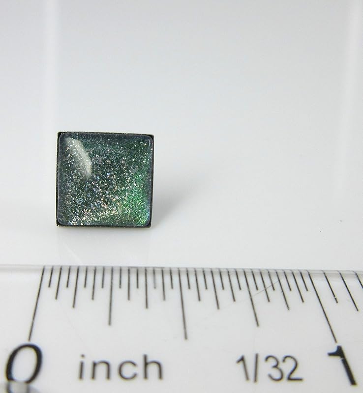 Summerfield Collection Stainless Steel Green and Blue Glitter Glass Stud Earrings Hand-painted Square 10mm