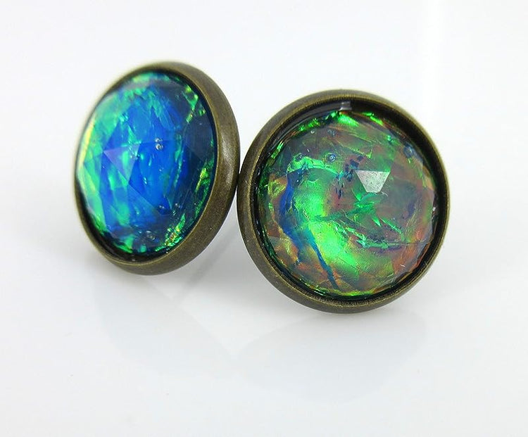 Summerfield Collection Antiqued Gold-tone Faceted Resin Opalescent Stud Earrings 12mm (Blue)