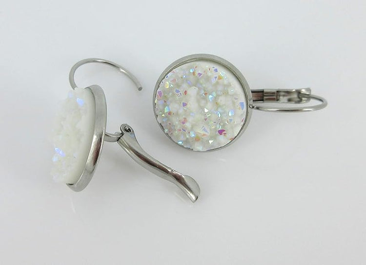 Summerfield Collection Stainless Steel Faux Druzy Stone Lever-back Drop Earrings 14mm (White)