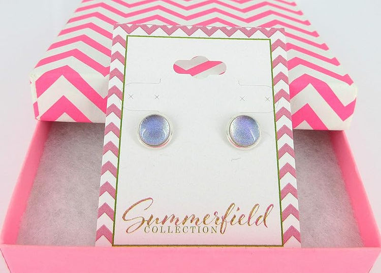 Summerfield Collection Silver-tone Pastel Purple Color Shift Glitter Glass Stud Earrings Hand-painted 8mm