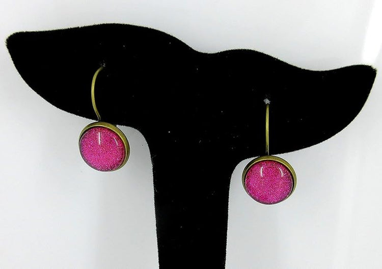 Summerfield Collection Antiqued Gold-tone Hot Pink Glitter Glass Lever-back Drop Earrings Hand-painted