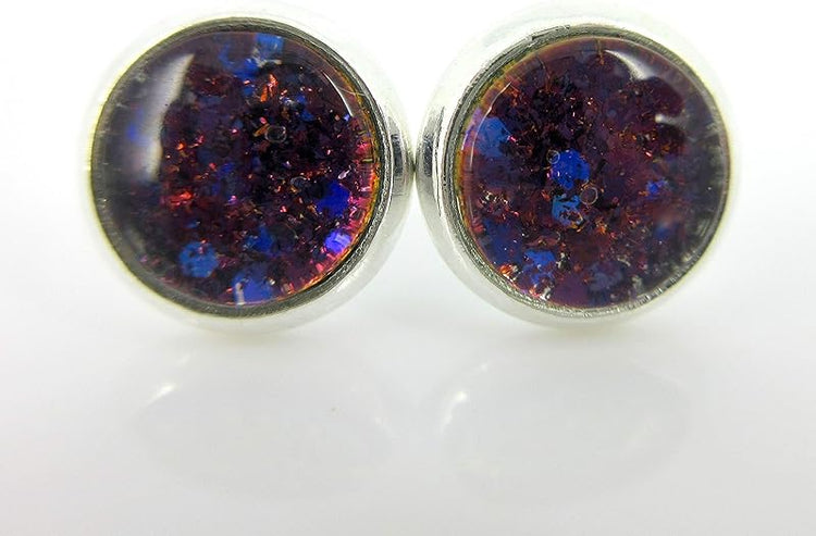 Summerfield Collection Silver-tone Bronze Blue Purple Glitter Glass Stud Earrings Hand-painted 8mm