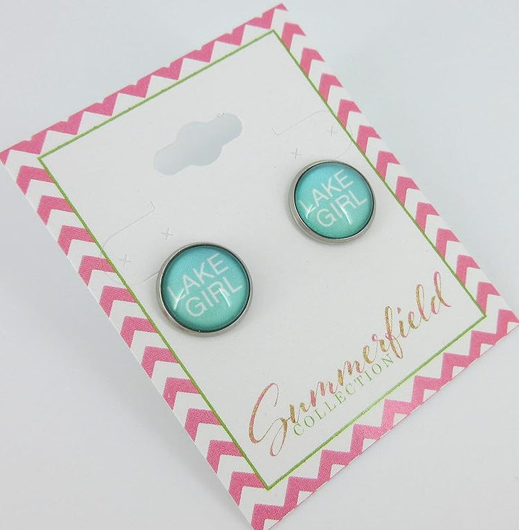 Stainless Steel Florida Girl Print Glass Stud Earrings 12mm (Lake Girl)