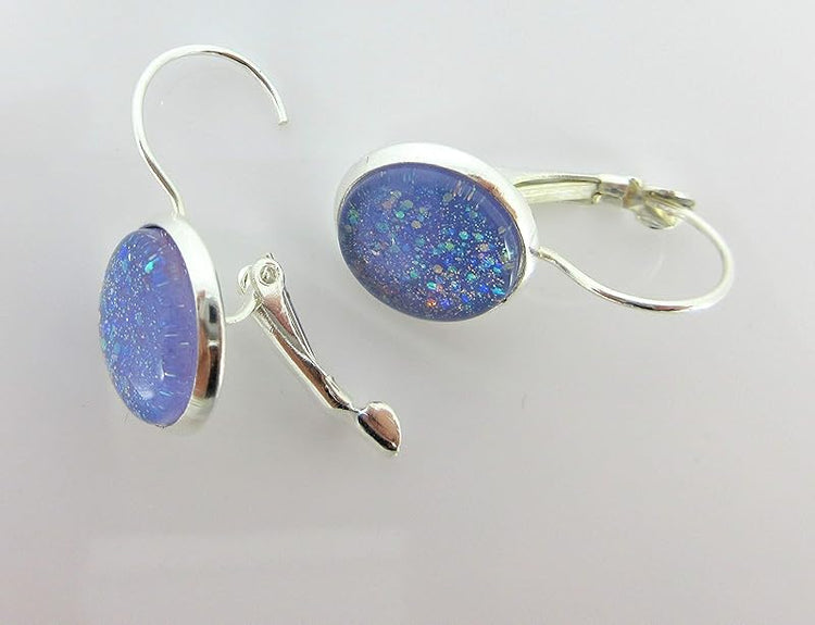 Summerfield Collection Silver-tone Periwinkle Purple Glitter Glass Lever-back Drop Galaxy Earrings Hand-painted