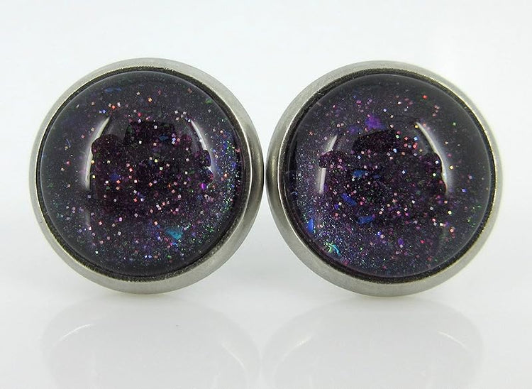 Summerfield Collection Stainless Steel Dark Galaxy Blue Colorshifting to Purple and Red Glitter Glass Stud Earrings Hand-painted 10mm