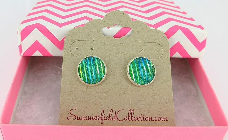 Summerfield Collection Silver-tone Frosted Metallic Stripe Stud Earrings 12mm (Green AB)