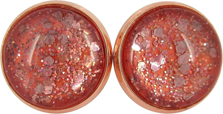 Summerfield Collection Rose Gold-tone Blush Pink Glitter Glass Stud Earrings Hand-painted 12mm