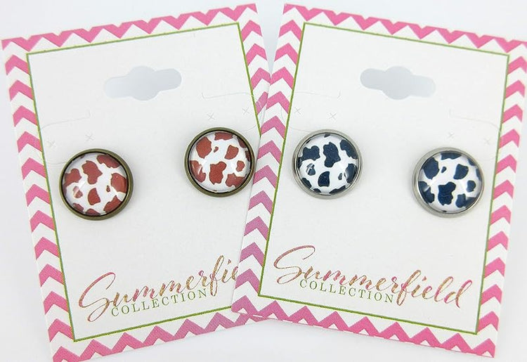 Summerfield Collection Stainless Steel Cow Animal Print Glass Stud Earrings 12mm Black (Black)