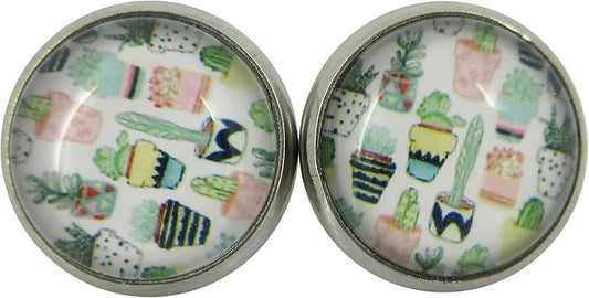 Summerfield Collection Stainless Steel Potted Succulent Print Glass Stud Earrings 12mm