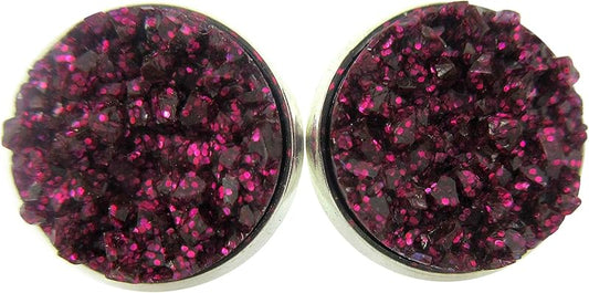 Summerfield Collection Silver-tone Maroon with Pink Glitter Faux Druzy Stone Stud Earrings (12mm)