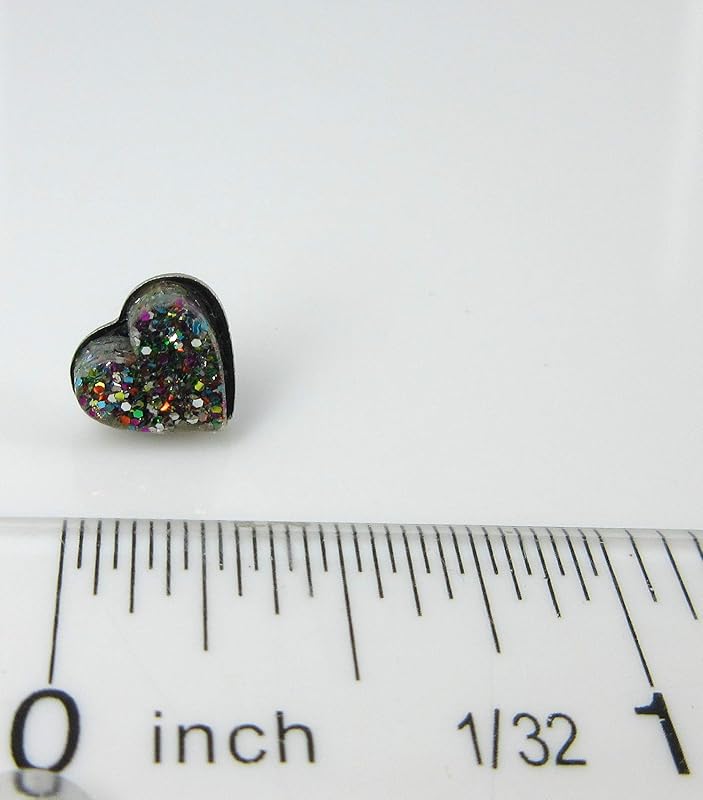 Summerfield Collection Stainless Steel Glitter Acrylic Heart Stud Earrings 8mm (Dark Rainbow)