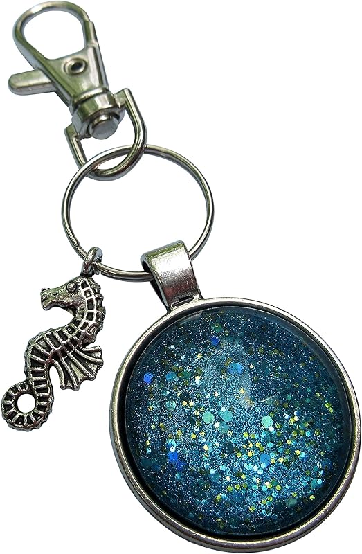 Summerfield Collection Antiqued Silver-tone Ocean Blue Glitter Glass Keychain Seahorse Charm Hand-painted
