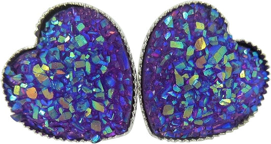 Summerfield Collection Silver-tone Heart Faux Druzy Stone Stud Earrings 12mm (Purple AB)