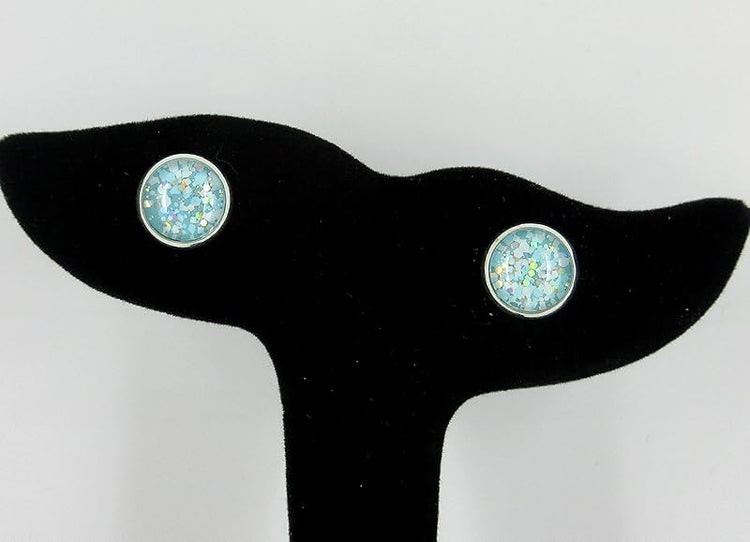 Summerfield Collection Silver-tone Blue and White Glitter Glass Stud Earrings Hand-painted 10mm