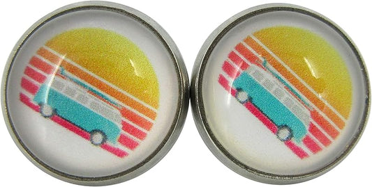 Summerfield Collection Stainless Steel Vintage Camper Sunset Print Glass Stud Earrings 12mm
