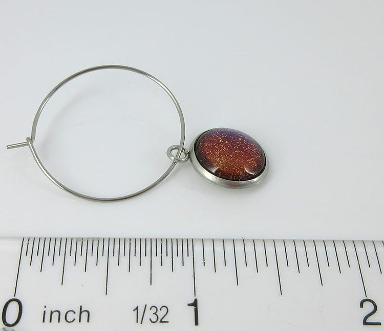 Summerfield Collection Stainless Steel Blue Red Purple and Gold Glitter Glass Charm Hoop Earrings Hand-painted 1"