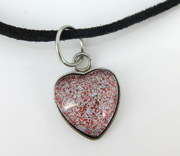 Summerfield Collection Red and Holographic Hand-painted Glass Heart Choker Necklace Faux Black Suede Cord Dangle Earrings Set
