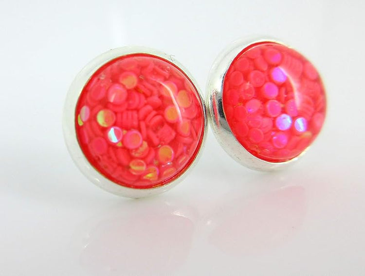 Summerfield Collection Shiny Silver-tone Iridescent Glitter Resin Stud Earrings 10mm (Coral)