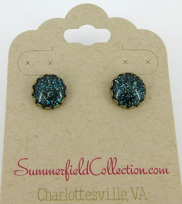 Summerfield Collection Antiqued Gold-tone Dark Teal Green Glitter Glass Stud Earrings Hand-painted 10mm