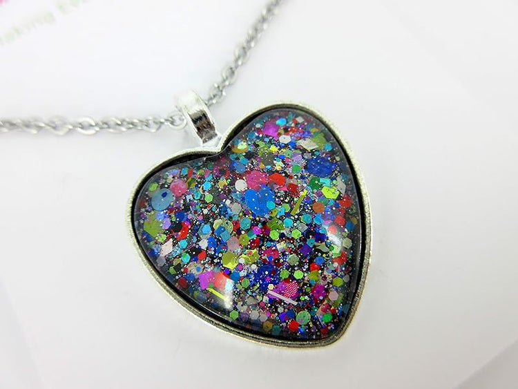 Summerfield Collection Silver-Tone Black and Multi-Color Confetti Glitter Glass Heart Pendant Necklace 20" Chain Stainless