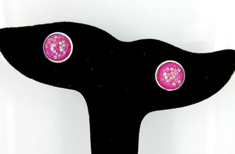 Summerfield Collection Shiny Silver-tone Iridescent Glitter Resin Stud Earrings 10mm (Magenta)