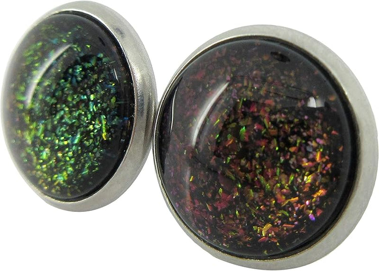 Summerfield Collection Stainless Steel Black Rainbow Duochrome Glitter Glass Galaxy Stud Earrings 12"