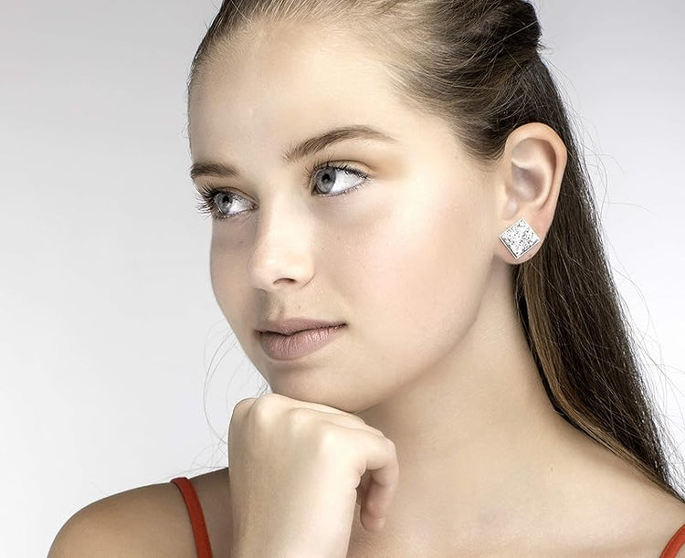 Summerfield Collection Silver-tone Metallic Geometric Square Shaped Chunky Faux Druzy Stud Earrings 12mm Statement (Silver)