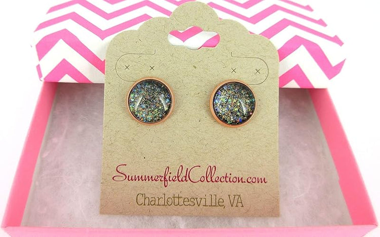 Summerfield Collection Rose Gold-tone Black Iridescent Glitter Glass Galaxy Stud Earrings Hand-painted 12mm