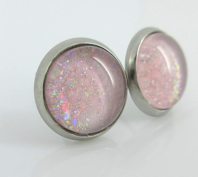 Summerfield Collection Stainless Steel Pale Pink and Iridescent Glitter Glass Stud Earrings Hand-painted 10mm