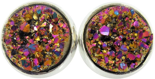 Summerfield Collection Silver-tone Metallic Faux Druzy Stone Stud Earrings 12mm (Gold/Pink)