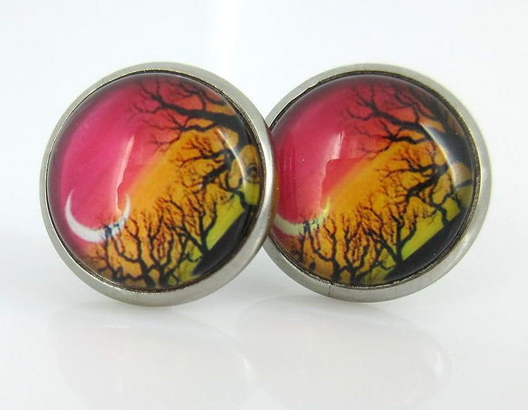 Summerfield Collection Stainless Steel Winter Sunset Print Glass Stud Earrings 12mm