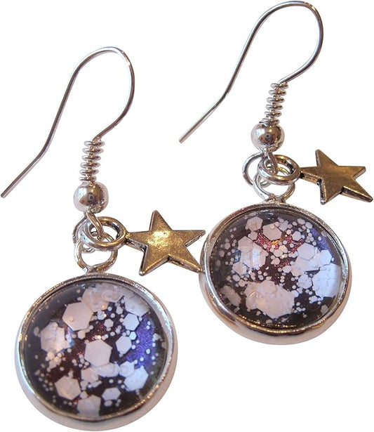 Summerfield Collection Silver-tone Purple and White Glitter Glass Star Charm Galaxy Dangle Earrings