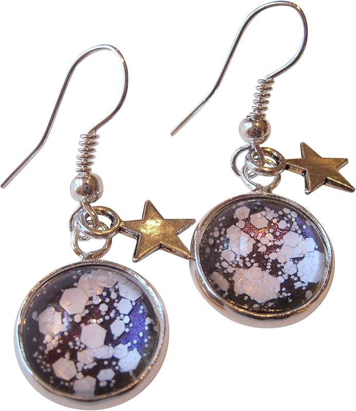 Summerfield Collection Silver-tone Purple and White Glitter Glass Star Charm Galaxy Dangle Earrings