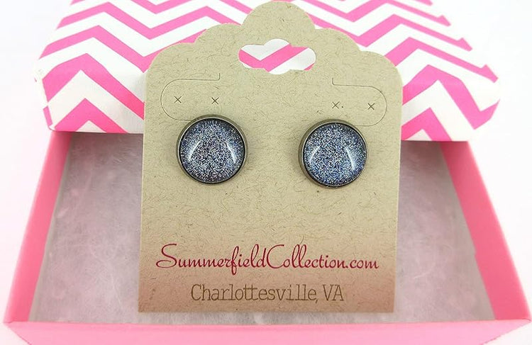 Summerfield Collection Hematite-tone Blue Holographic Glitter Glass Galaxy Stud Earrings Hand-painted 12mm