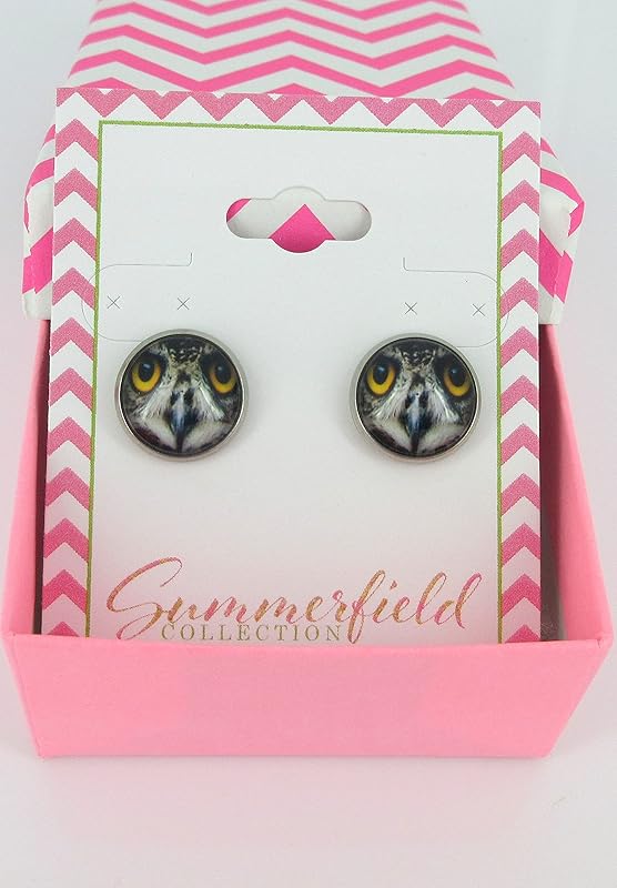 Summerfield Collection Stainless Steel Owl Face Print Glass Stud Earrings 12mm