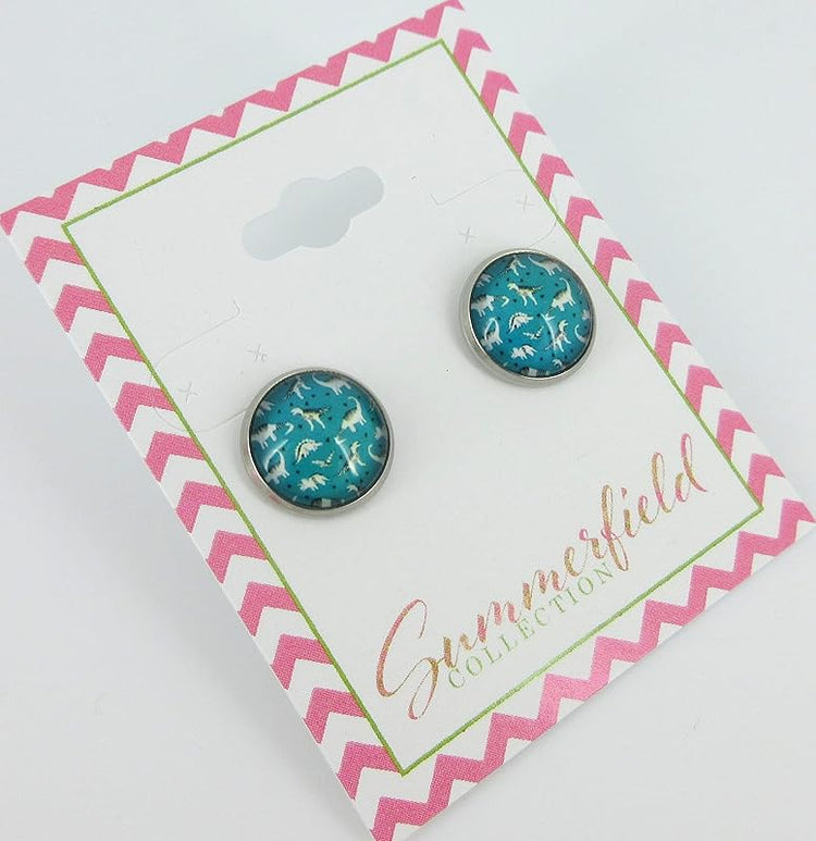 Summerfield Collection Stainless Steel Dinosaur Print Glass Stud Earrings 12mm Teal and White