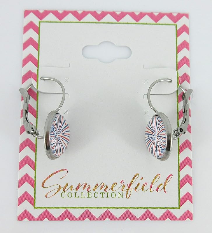 Summerfield Collection Stainless Steel Firework Print Glass Lever-back Drop Earrings 12mm Red White Blue USA