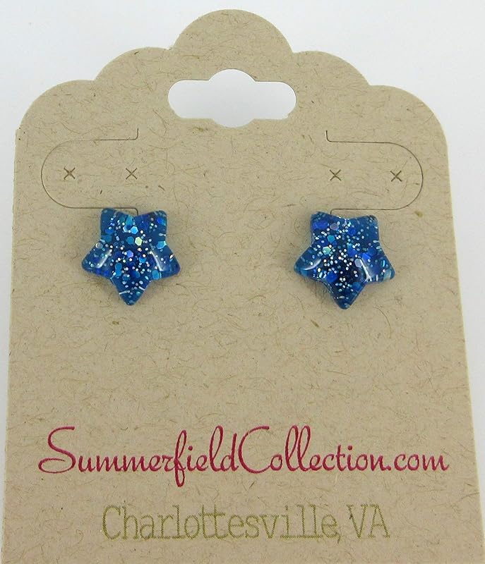 Summerfield Collection Royal Blue Star Shaped Glitter Glass Galaxy Stud Earrings 10mm Hand-painted