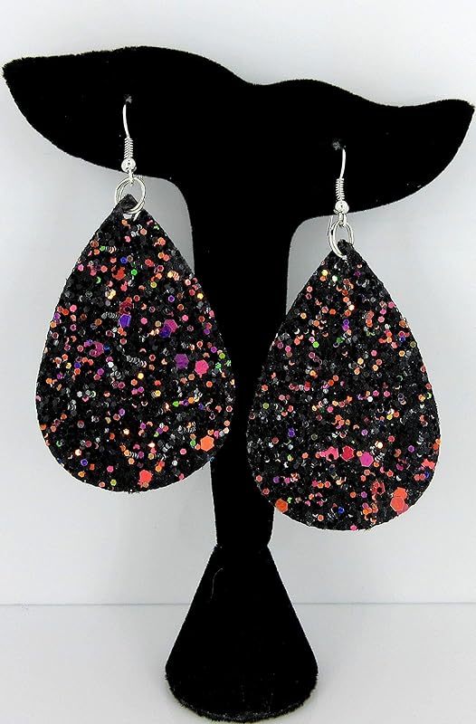 Summerfield Collection Silver-tone Glitter Faux Leather Large Teardrop Dangle Earrings (Black and Rainbow)