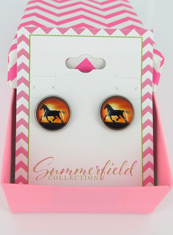 Summerfield Collection Stainless Steel Sunset Horse Print Glass Stud Earrings 12mm