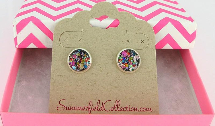 Summerfield Collection Silver-tone Black and Multi-Color Confetti Glitter Glass Stud Earrings Hand-painted 10mm