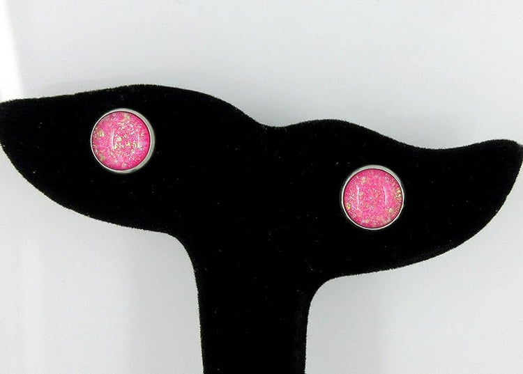Summerfield Collection Stainless Steel Hot Pink and Iridescent Glitter Glass Stud Earrings Hand-painted 10mm