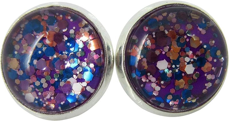 Summerfield Collection Silver-tone Purple and Multi Color Glitter Glass Stud Earrings Hand-painted 12mm