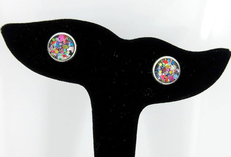 Summerfield Collection Silver-tone Black and Multi-Color Confetti Glitter Glass Stud Earrings Hand-painted 10mm