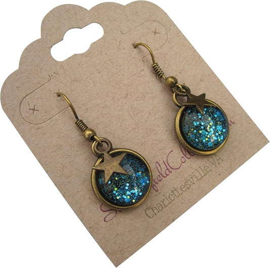 Summerfield Collection Antiqued Gold-tone Ocean Blue Glitter Glass Star Charm Galaxy Dangle Earrings Hand-painted
